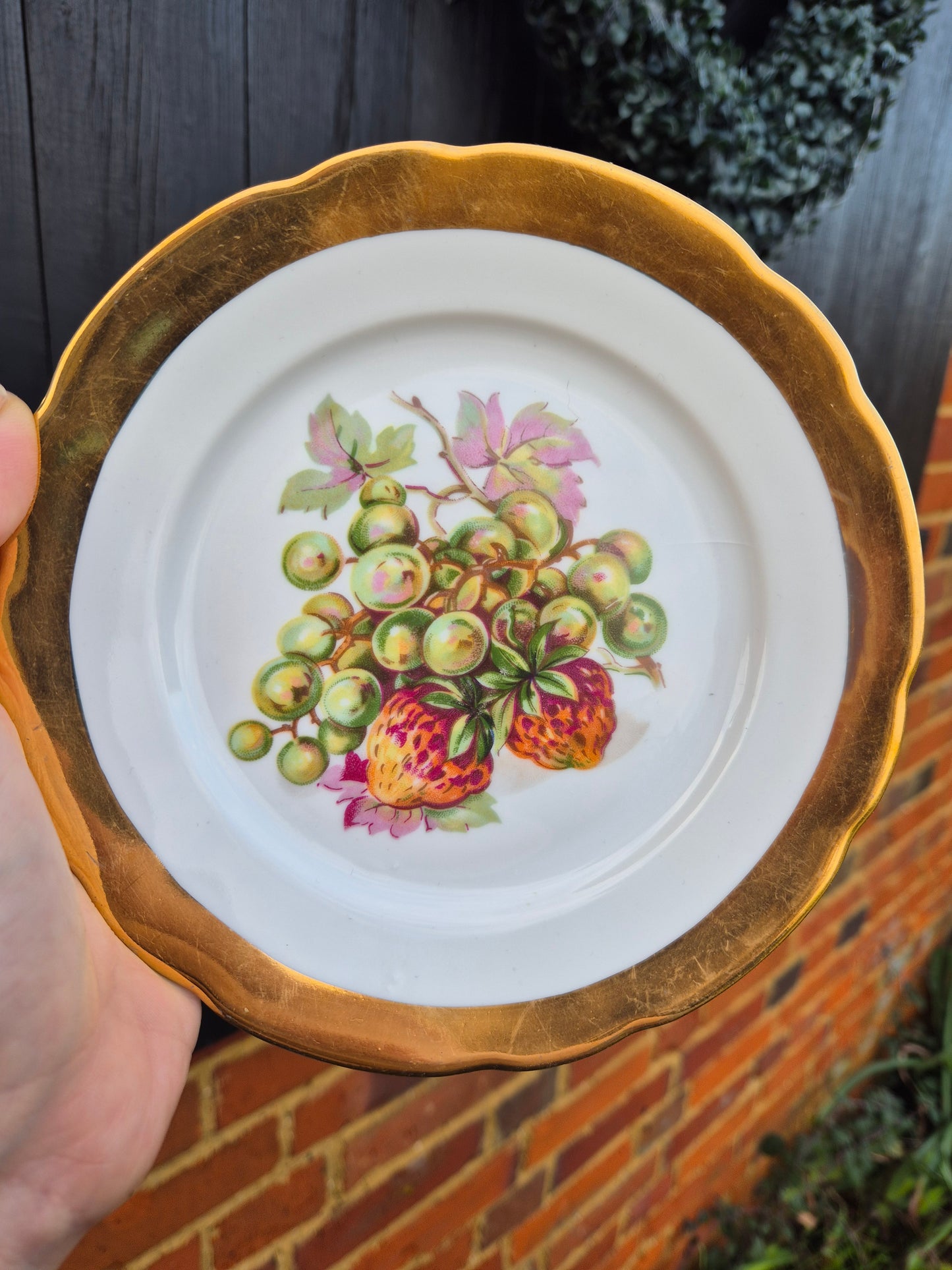 Strawberries and grapes gold rimmed plate