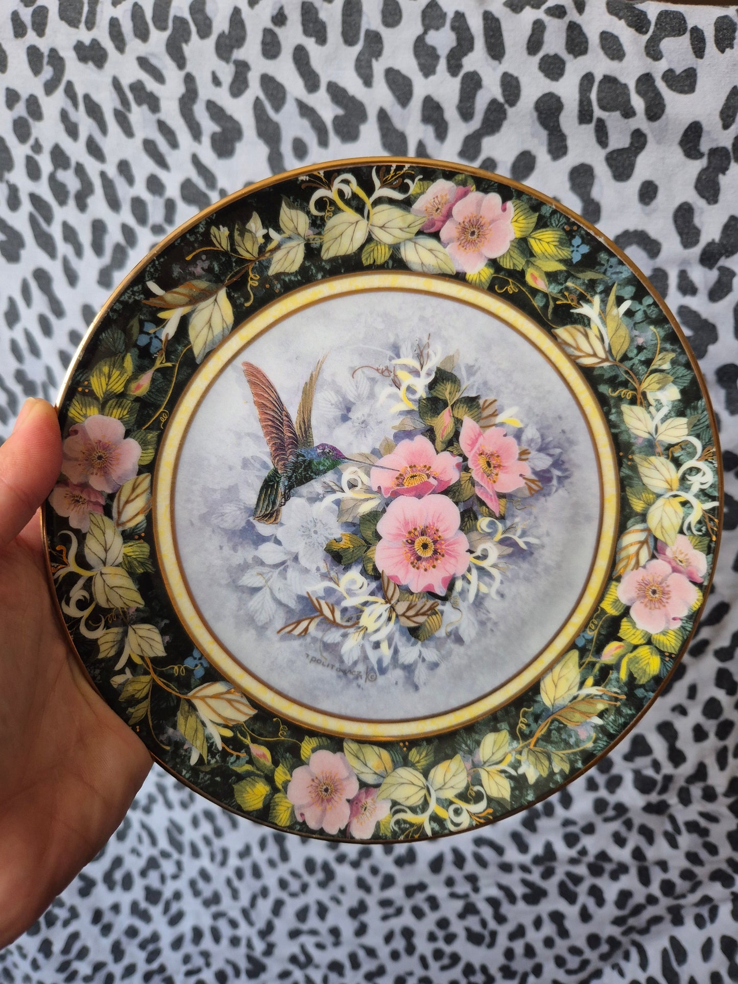 Pink florals hummingbird plate