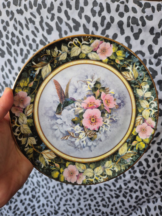 Pink florals hummingbird plate