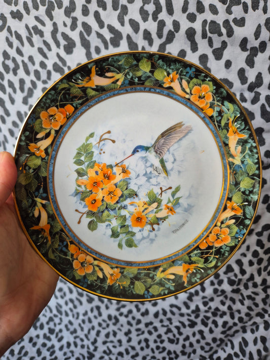 Orange florals hummingbird plate
