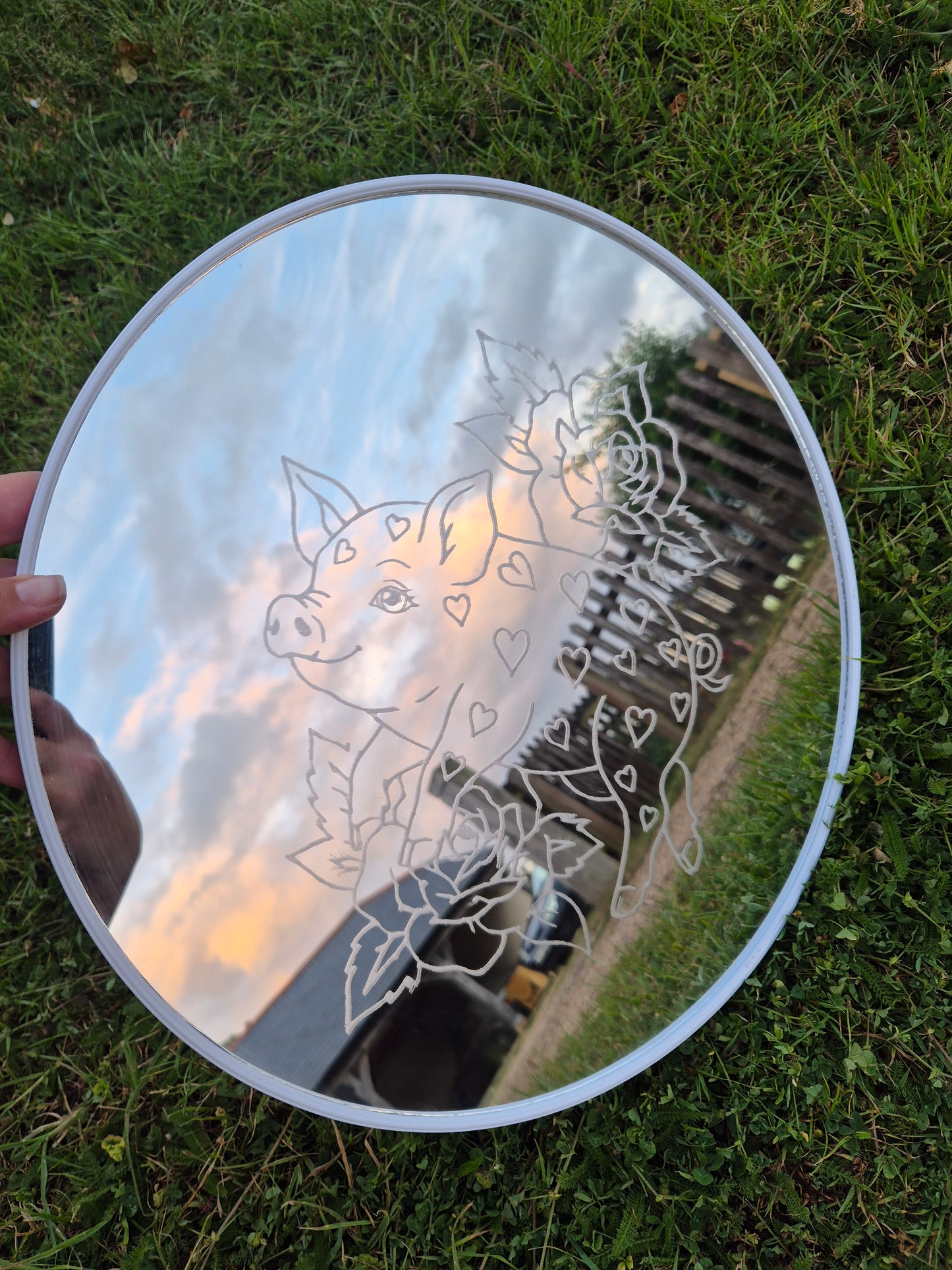Engraved pig and roses mirror
