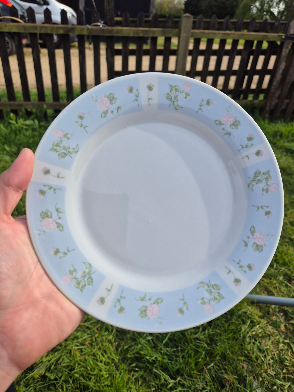 Floral pale blue rimmed plate – Offensive Originals