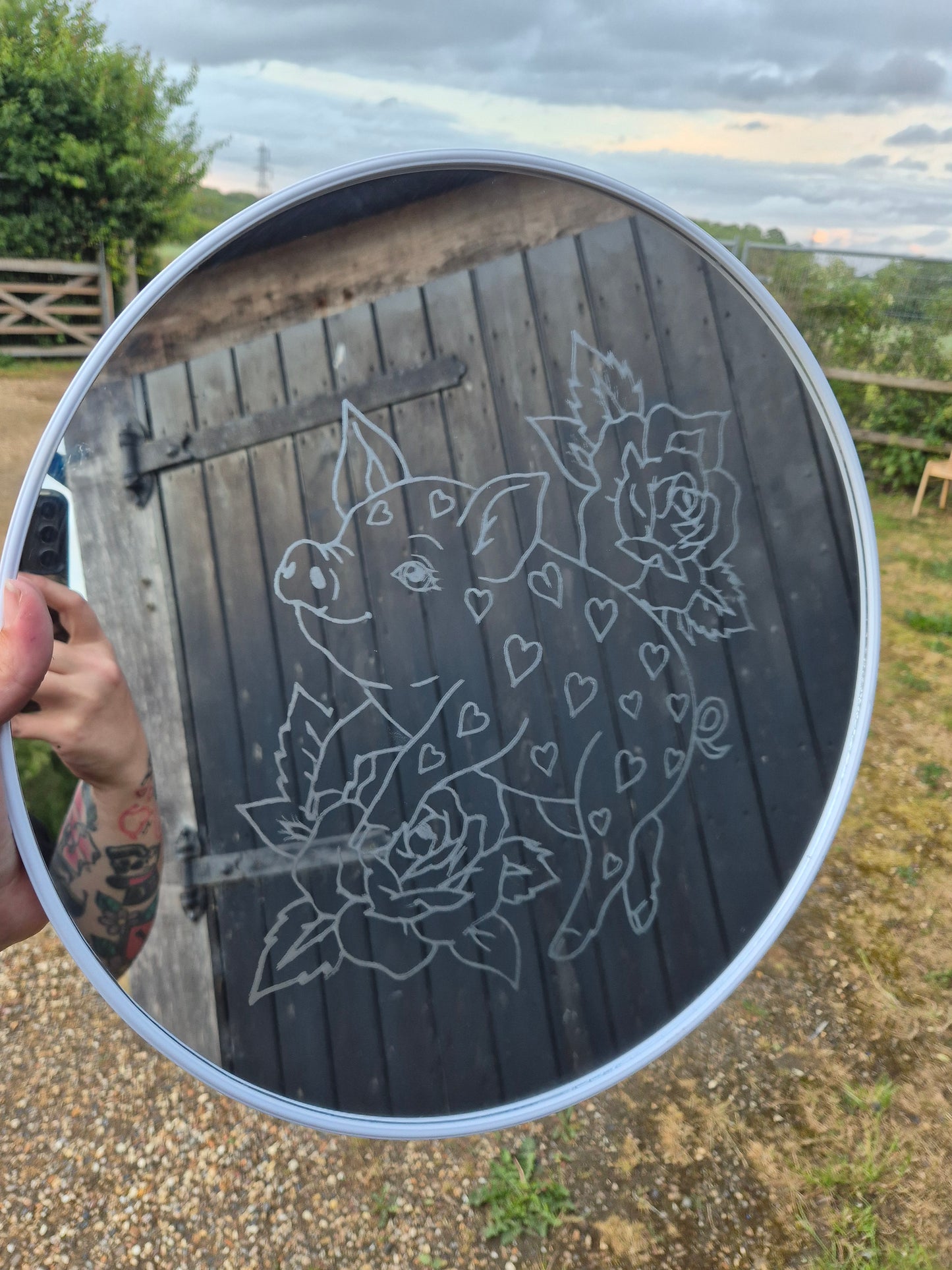 Engraved pig and roses mirror